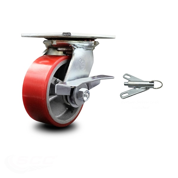 5 Inch Red Poly on Cast Iron Caster with Ball Bearing and Brake/Swivel Lock